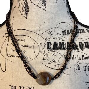 Boho Stone & Bead Necklace Multi Strand Brown & Black